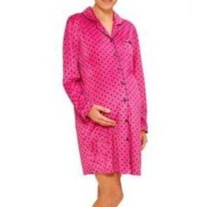 Dream Cafe Maternity Nightgown M Fleece Pink Polka Dot Long Sleeve Pajamas